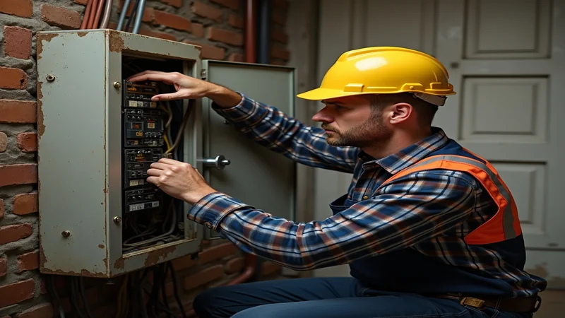 Elektriker arbeitet an altem Verteilerkasten während Kompletter neuerung einer Altbau-Elektrik