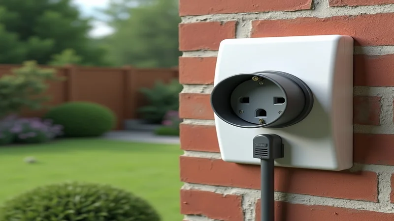 Wasserdichte Außensteckdose mit Schutzart IP55 im Garten montiert, FI-Schutzschalter daneben