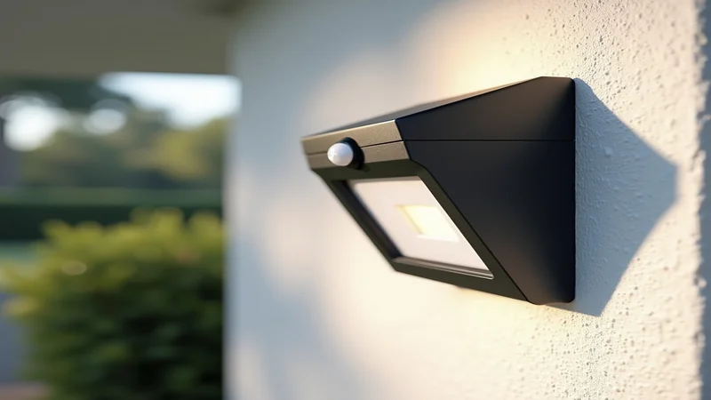 Bewegungsmelder an Hauswand montiert, modernes LED-Außenlicht mit Sensor