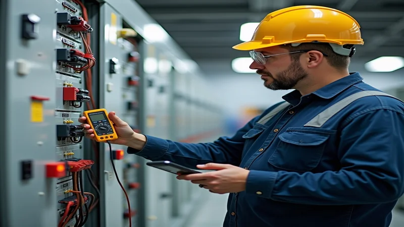 Elektriker prüft Sicherungskasten mit Messinstrument, DGUV V3 Prüfung