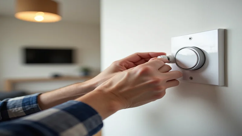 Elektriker installiert modernen LED-Dimmerschalter in Unterputzdose an Wohnzimmerwand