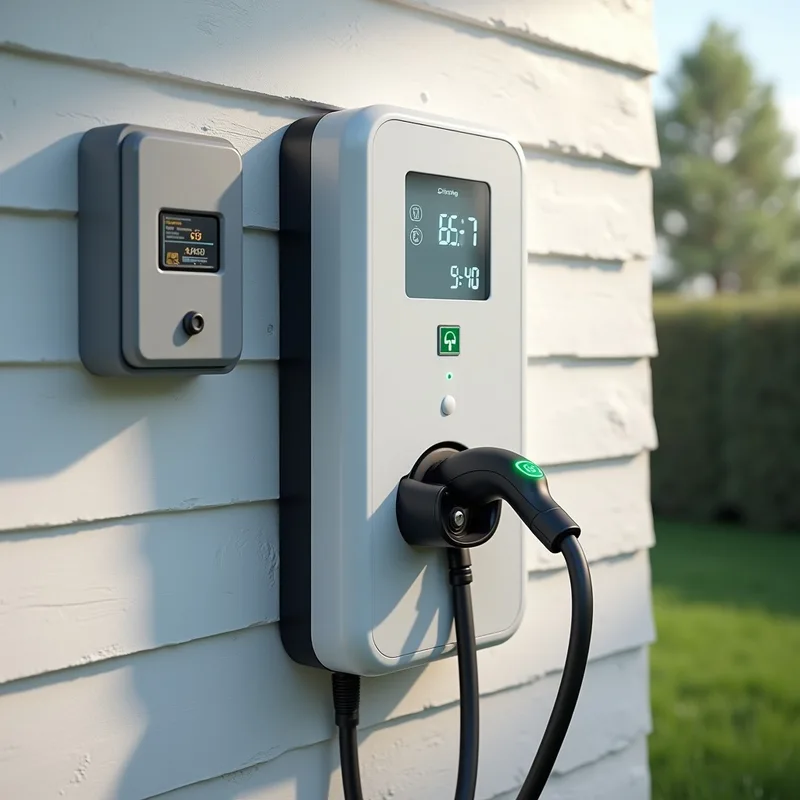 Intelligente Wallbox mit dynamischem Lastmanagement, moderne LED-Anzeige an schwarzem Gerät