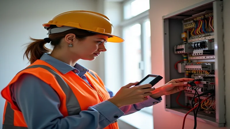 Elektrikerin prüft Sicherungskasten einer Ferienwohnung mit Prüfgerät