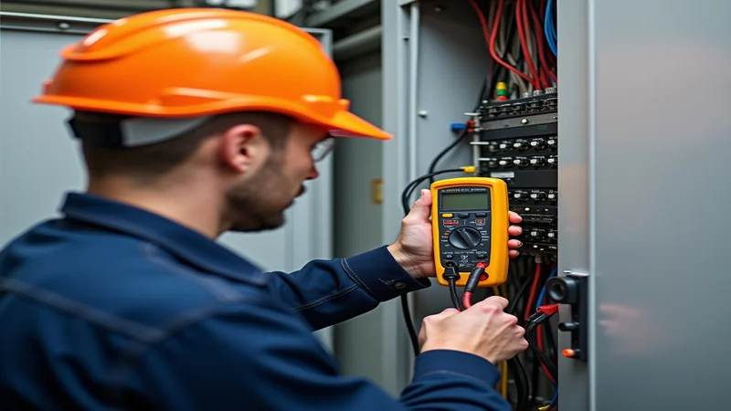 Elektriker führt E-Check durch, misst mit Prüfgerät an Sicherungskasten