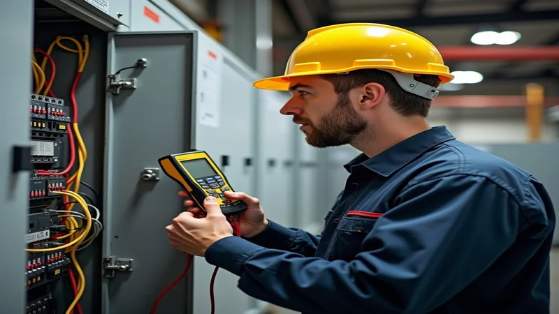 Elektriker bei Sichtprüfung eines Sicherungskastens mit Prüfgerät