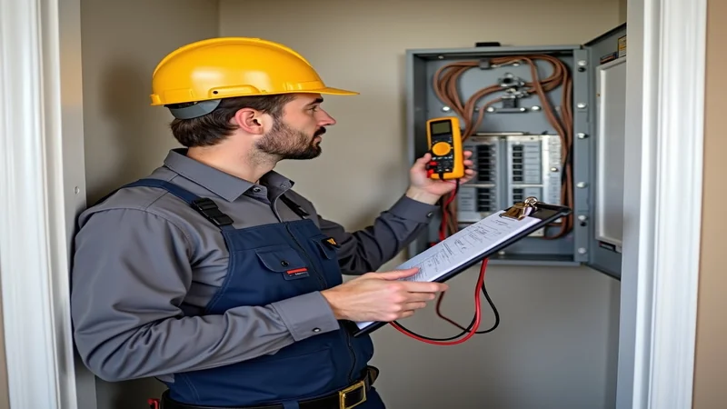 Elektriker prüft Verteilerkasten und dokumentiert Prüfprotokoll zur Versicherungssicherheit