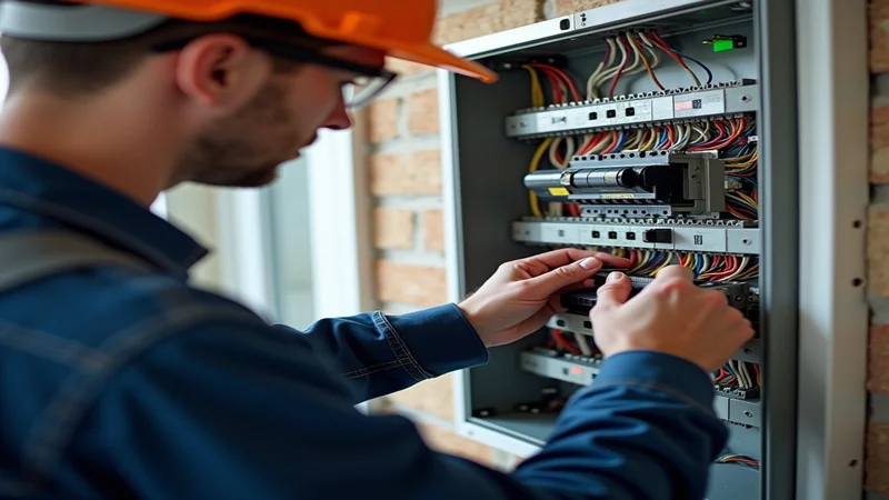 Elektriker-Fachbetrieb überprüft Sicherungskasten und Stromanlage an Verteilerfeld