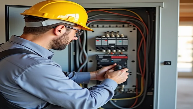 Elektriker inspiziert Verteilerkasten im Neubau mit Schutzschaltern und Überspannungsschutz
