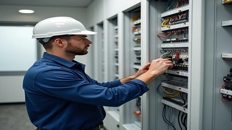 Elektriker installiert moderne Sicherungsanlage in Arztpraxis-Verteilerkasten