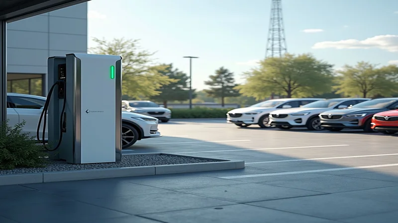 Moderne Ladesäule auf gewerblichem Parkplatz mit mehreren E-Fahrzeugen und professioneller Elektroinstallation