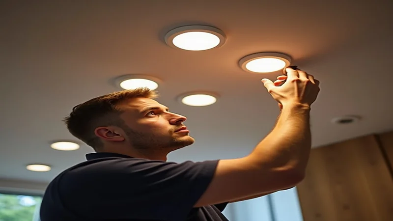 LED-Einbauspots in Decke installiert, moderne Beleuchtung im Wohnzimmer