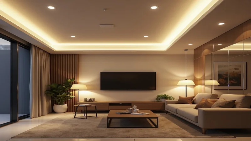 Moderne LED-Beleuchtung in Wohnzimmer mit dimmbaren Spots und indirekter Beleuchtung