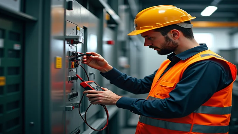 Elektriker prüft Maschinenanlage mit Messgerät nach DGUV V3