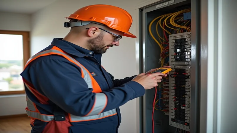 Elektriker überprüft Verteilerkasten und Sicherungsanlage bei Wartung