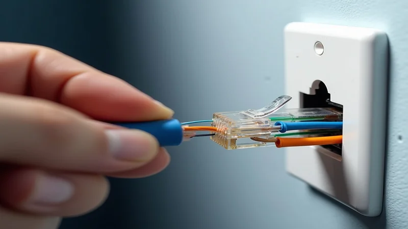 Netzwerk-Dose mit Cat.6-Kabel während der Montage durch Elektriker