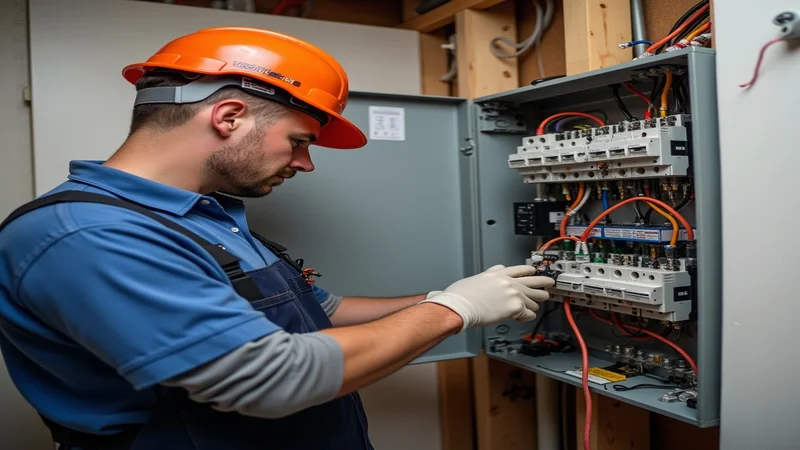 Elektriker installiert Wechselrichter und Anschlüsse für Photovoltaik-Anlage im Verteilerkasten