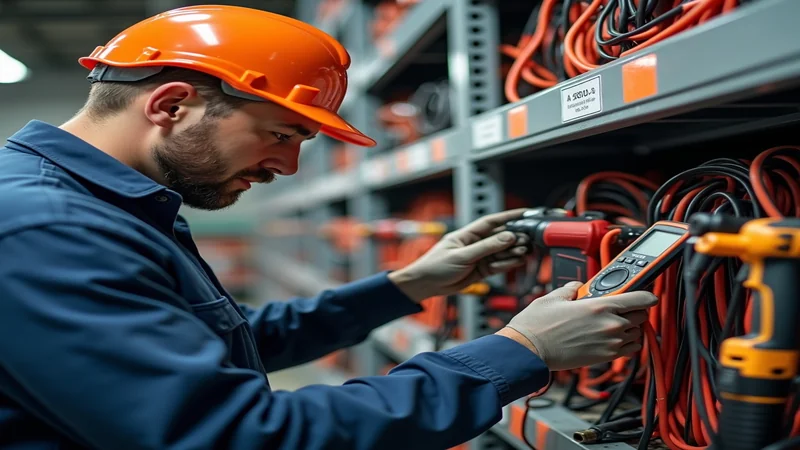 Elektriker führt Sichtprüfung an Elektrowerkzeug durch, prüft Stromkabel und Stecker