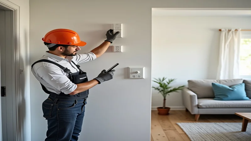 Elektriker installiert Smart-Home-Komponenten in modernem Wohnzimmer