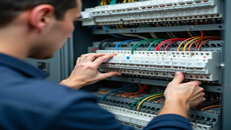 Elektriker installiert Unterverteiler mit Schutzschaltern im Verteilerkasten