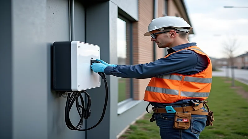 Wallbox Ladestation an Hauswand im Mehrfamilienhaus mit Elektriker bei Installationsarbeiten