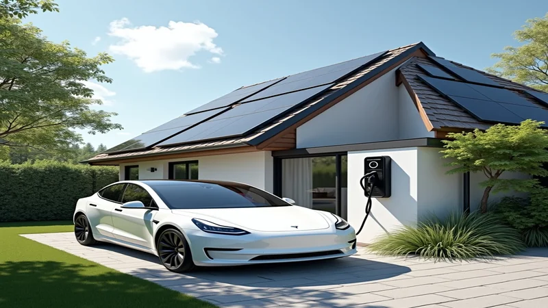 Wallbox mit Photovoltaik-Panel und Elektroauto, intelligente Ladesteuerung im modernen Haus
